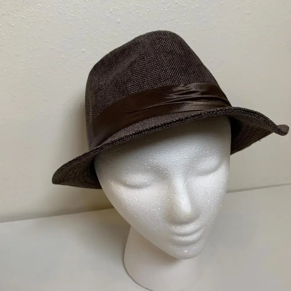 Straw Fedora Hat Trilby Cap Dark Brown Summer Beach Sun Panama Men Women